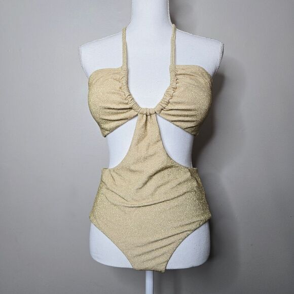 Aerie Sparkle Gold Halter Cutout Swimsuit - Picture 3 of 12